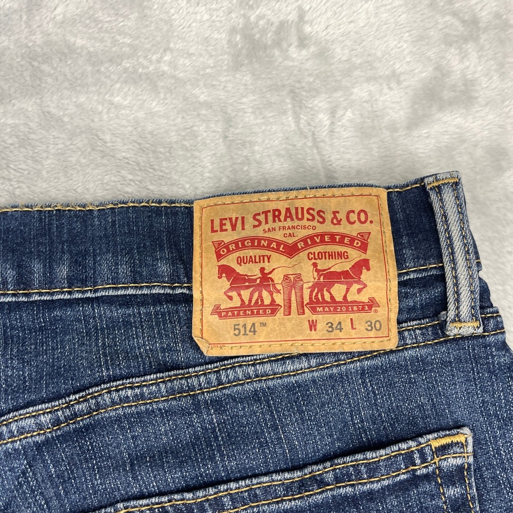 Levi's 514 Jeans Mens 34x30 Blue Denim Faded Double Stitch‎ Red Tab Straight Leg - Picture 6 of 10